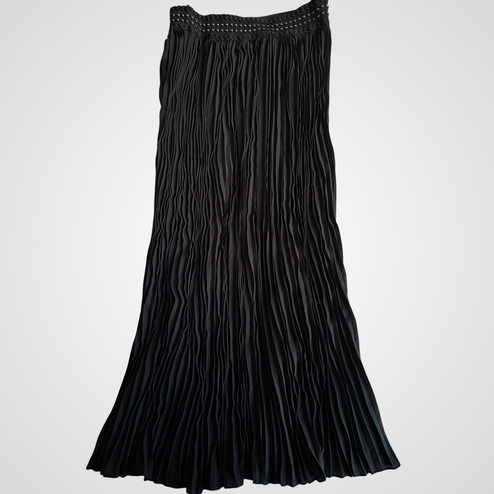 Magic Womens Black Pleated Maxi Skirt Braided Waistband Accordion Pleat Vampy
